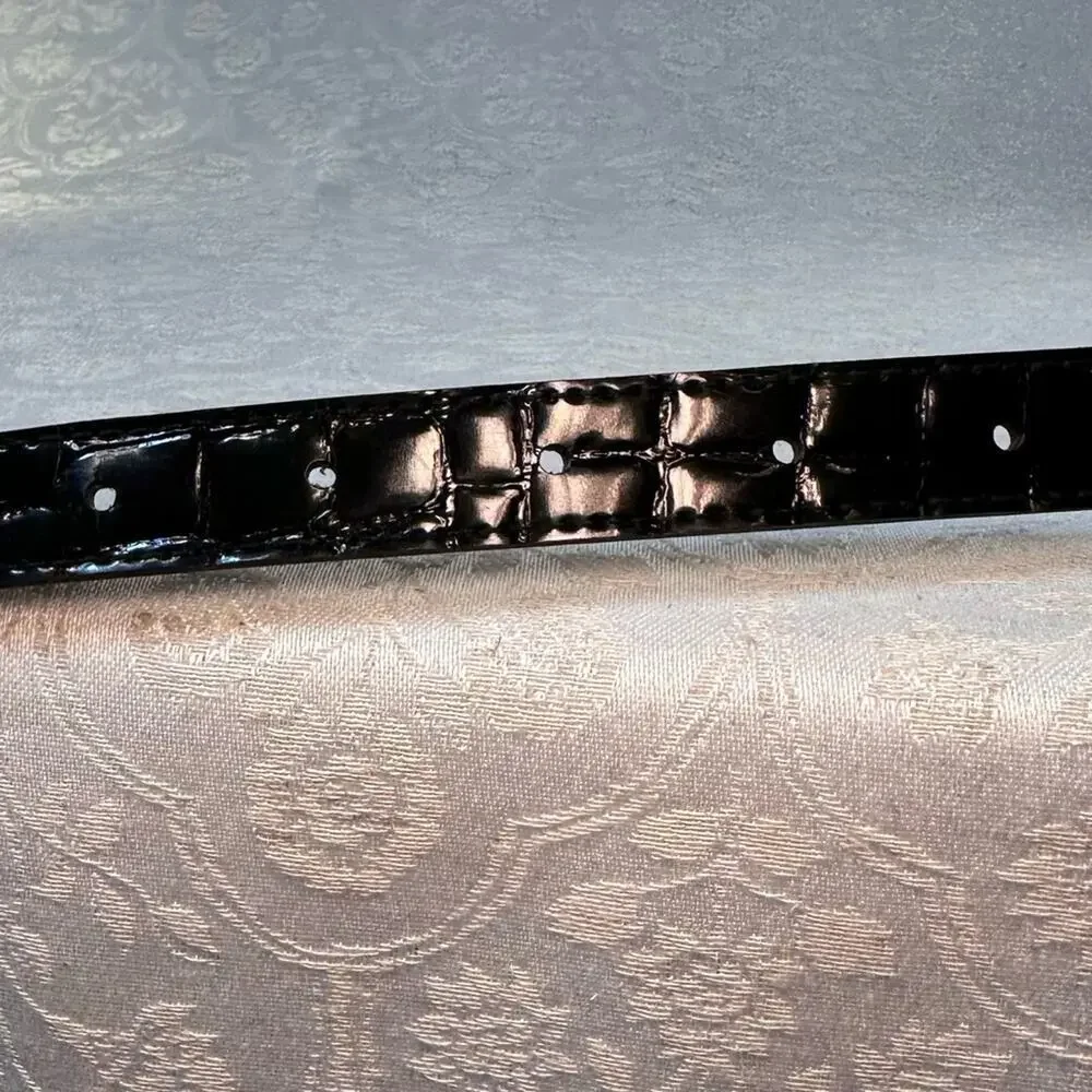 Black Faux Patent Leather Alligator Print Belt with Silver Buckle 36.5 in